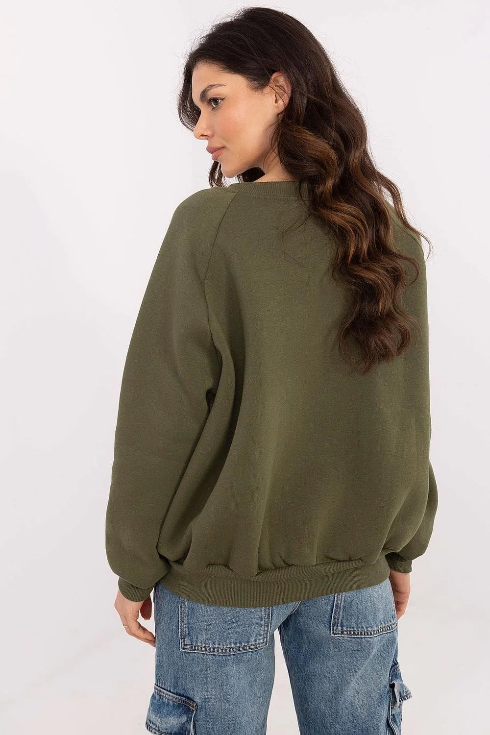 Sweatshirt femme Carolina université style sportswear vert kaki manches longues col rond coudes côtelés tissu doux coton raglan casual
