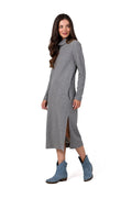 Robe Be Wear en maille grise longueur midi manches longues col roulé poches latérales fente latérale femme élégance confort