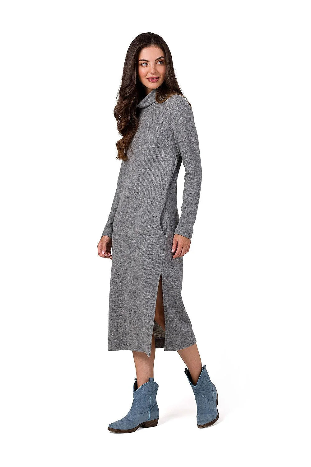 Robe Be Wear en maille grise longueur midi manches longues col roulé poches latérales fente latérale femme élégance confort