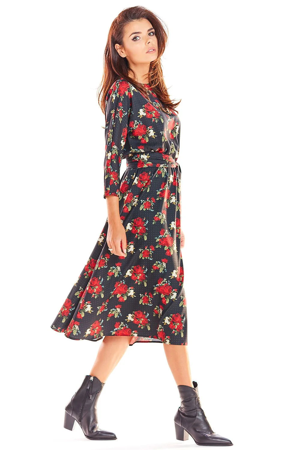 Robe longue polyester imprimé tropical élégante fluide ceinture à nouer manches trois-quarts pour femme moderne