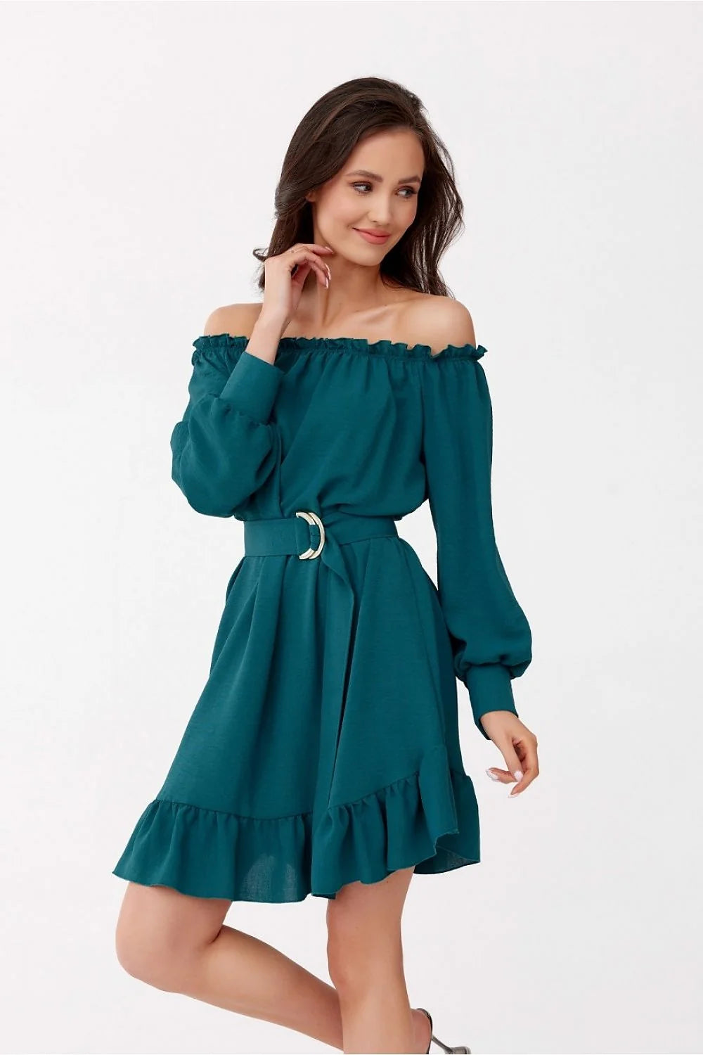 Robe de jour élégante en vert émeraude longues manches larges ceinture assortie tissu léger femmes