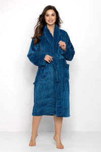 Peignoir Momenti Per Me élégant et confortable pour femme en velour côtelé bleu riche manches longues poches latérales