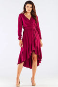 robe cocktail élégante viscose bordeaux portefeuille midi cintrée ceinture intégrée manches longues asymétrique volants cascade ourlet fluide léger