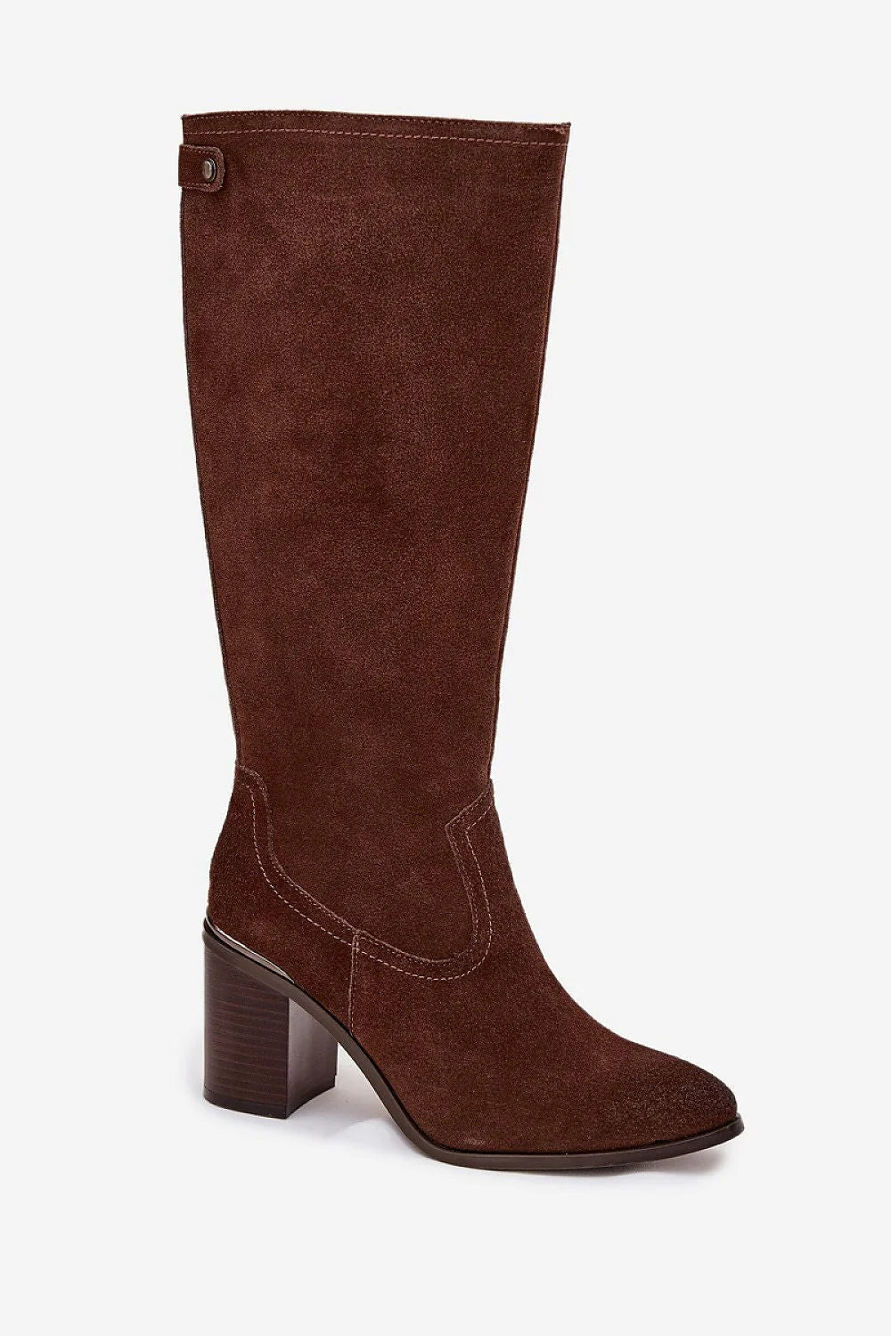 bottes femme SergioLeone daim naturel marron chocolat tige haute talon pilier moyen confort bout amande doublure fourrure fermeture eclair laterale