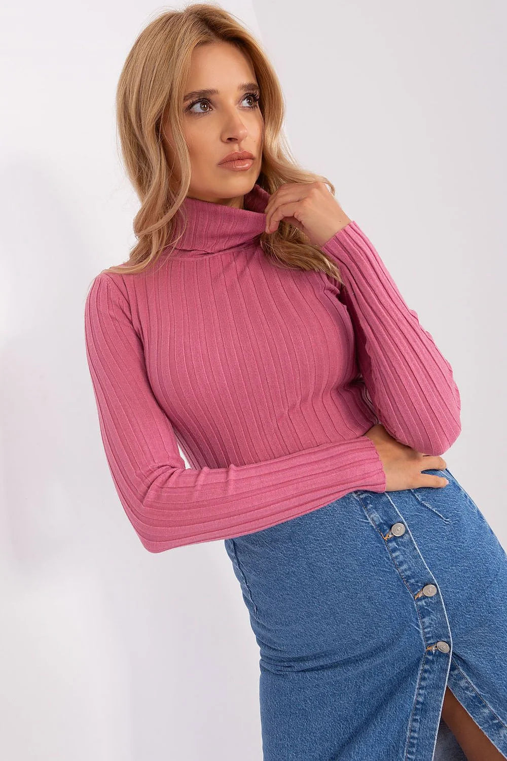 Pull col roulé femme couleur rose vif en viscose nylon polyester coupe ajustée manches longues pour travail et quotidien
