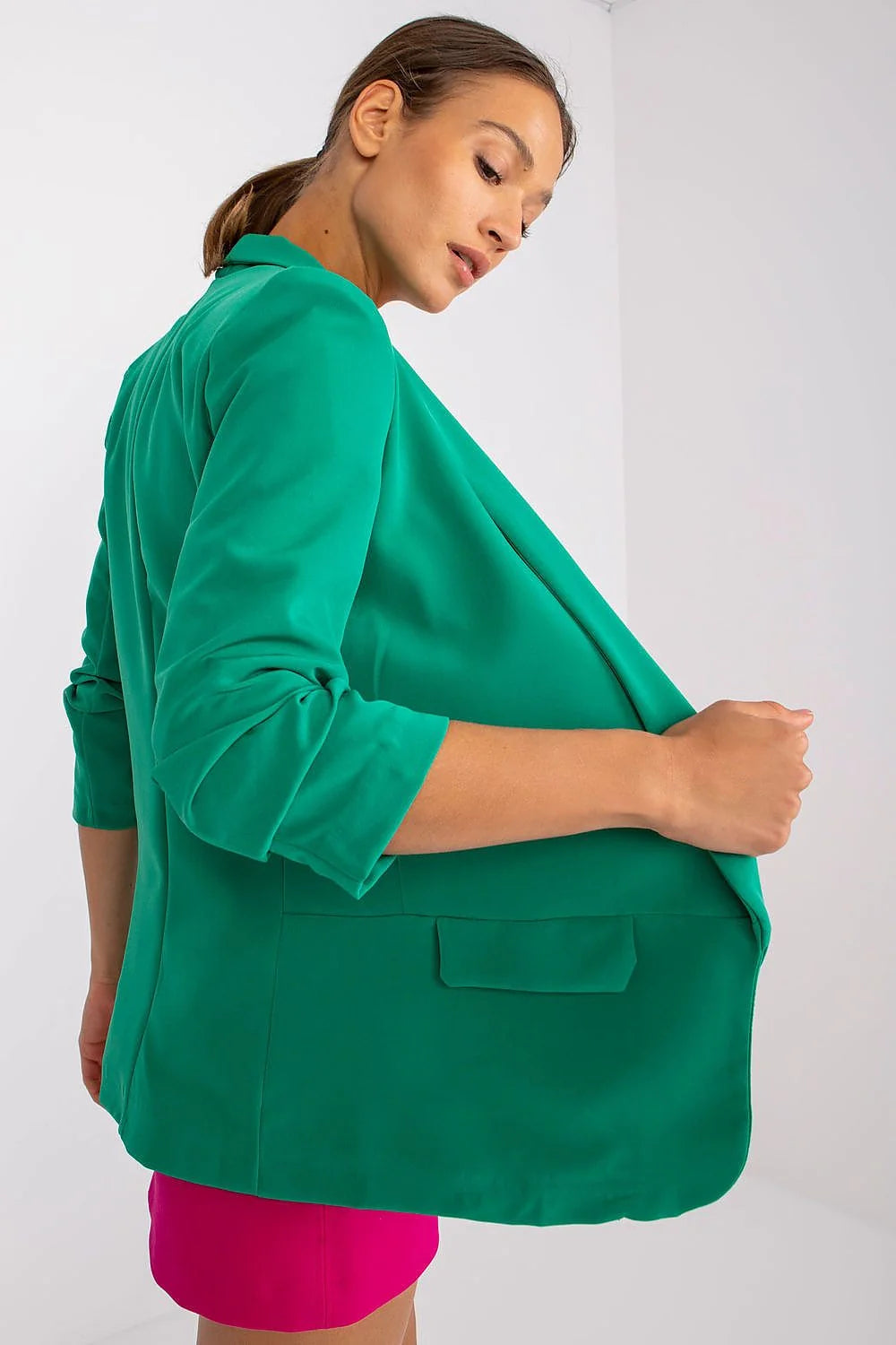 Veste pour femme Moderne Élégante en Vert Vif Manches 3/4 Sans Boutons Poches Factices Épaules Rembourrées Polyester Elasthanne Tailles S M L XL XXL