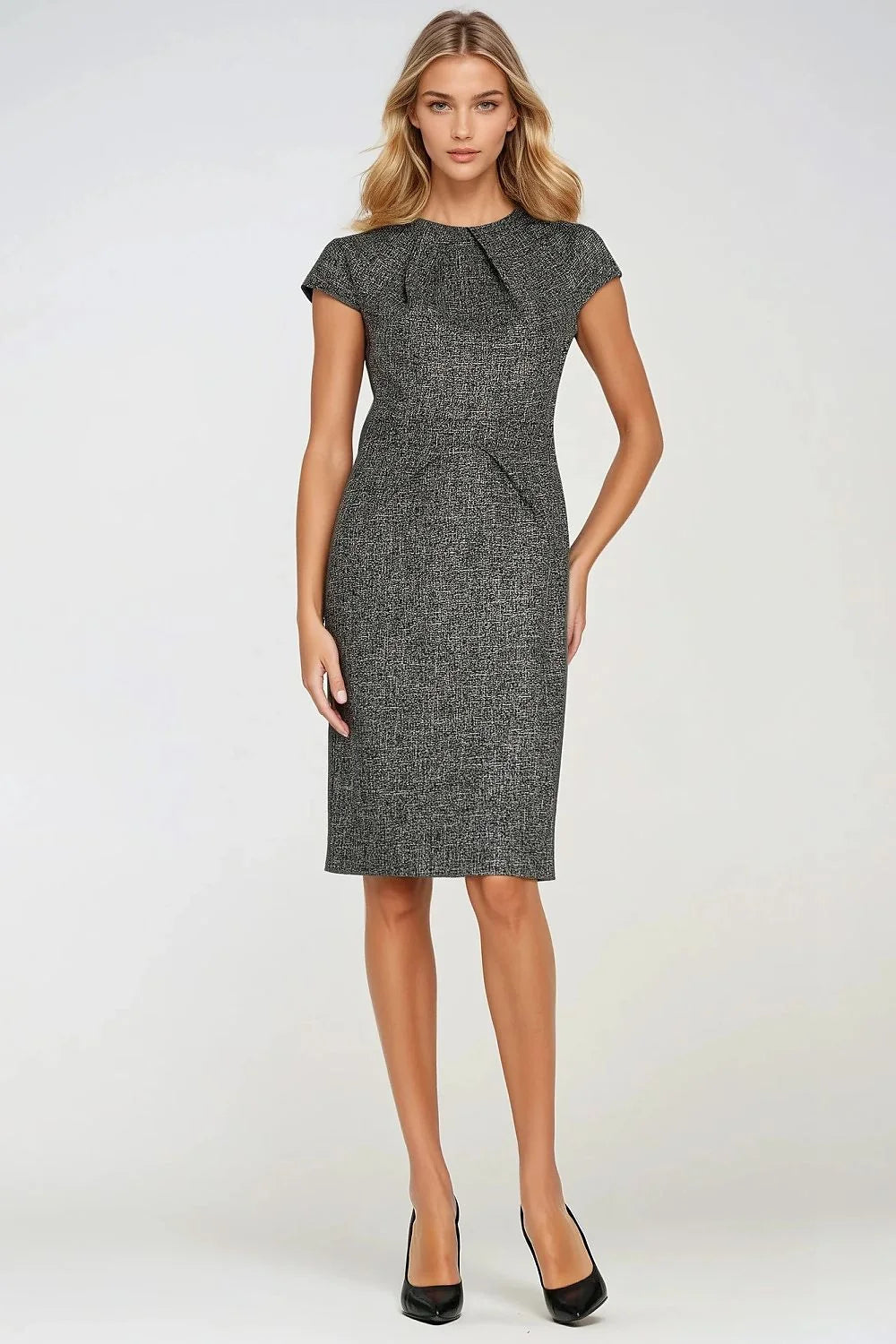 robe élégante ajustée crayon texturée chinée gris anthracite longueur genou col rond manches capuchon plissée pinces taille fermeture glissière arrière