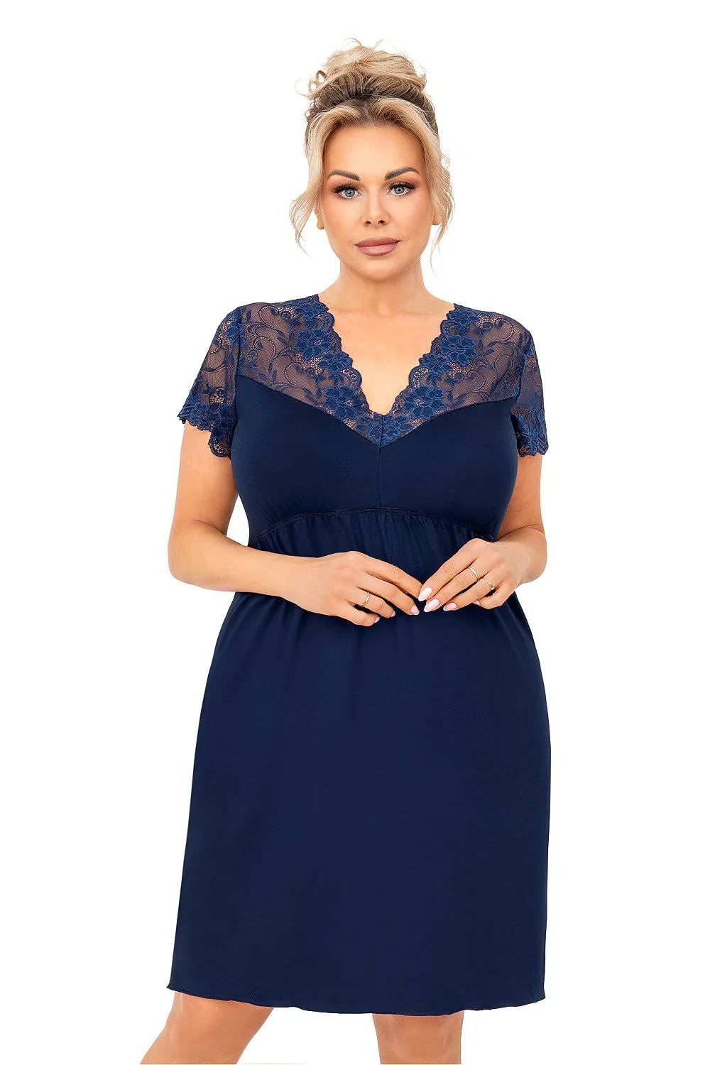 Chemise de nuit plus size Donna taille ajustable dentelle manches courtes bleu marine Empire coupé