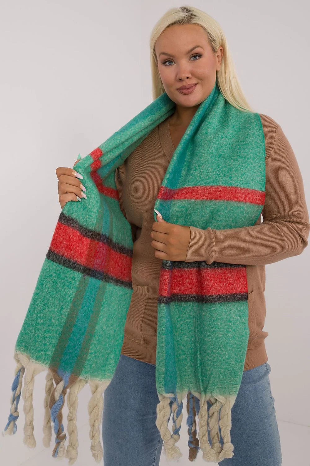 écharpe femme oversize vert menthe rayures rouges noirs liserés gris maille brossée moelleuse polyester 180cm large franges torsadées crème bleu