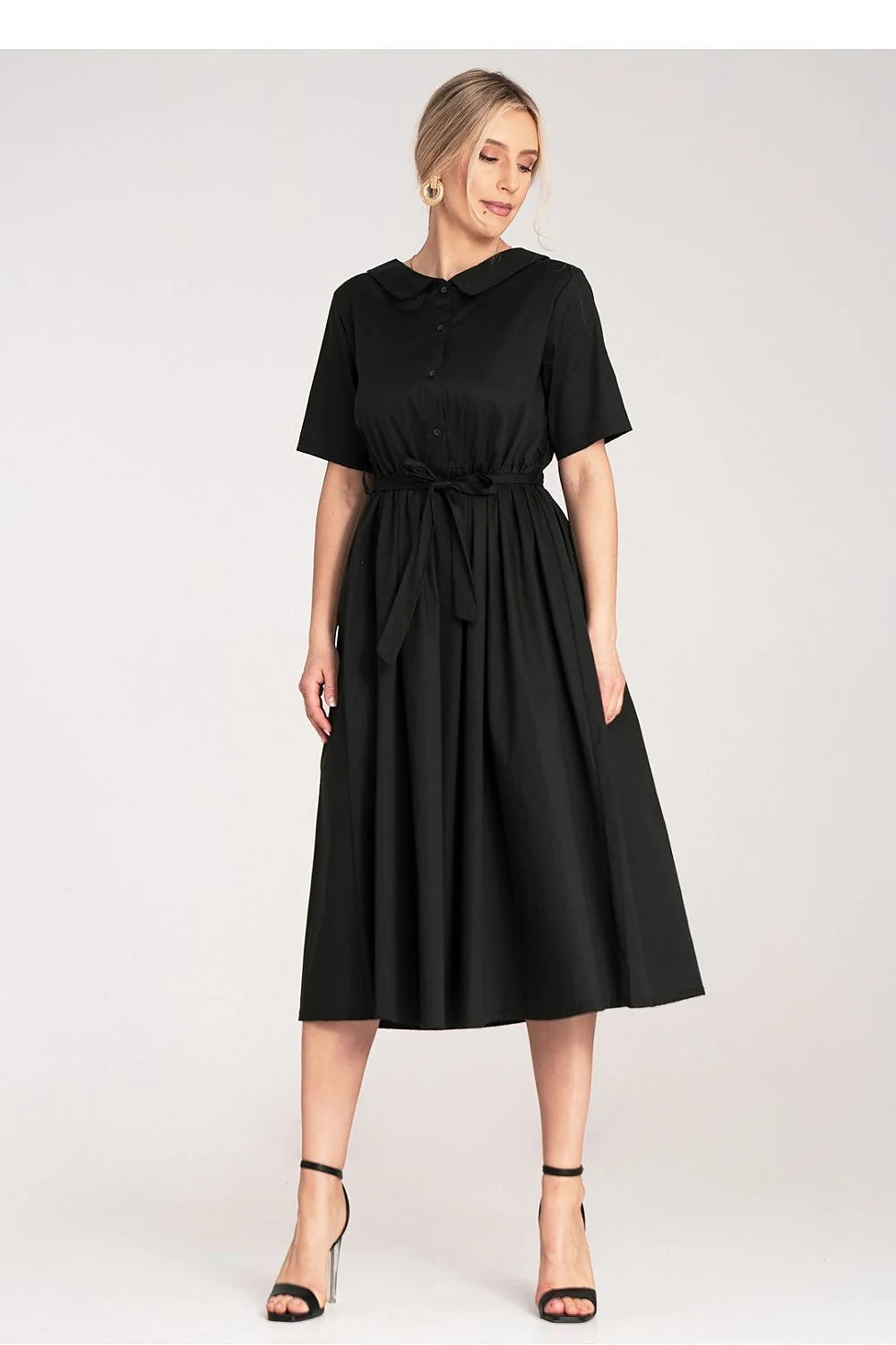 Robe de jour Figl midi noire en coton manches courtes col rond boutons ceinture silhouette A évasée femme