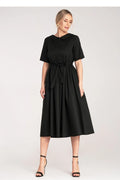 Robe de jour Figl midi noire en coton manches courtes col rond boutons ceinture silhouette A évasée femme