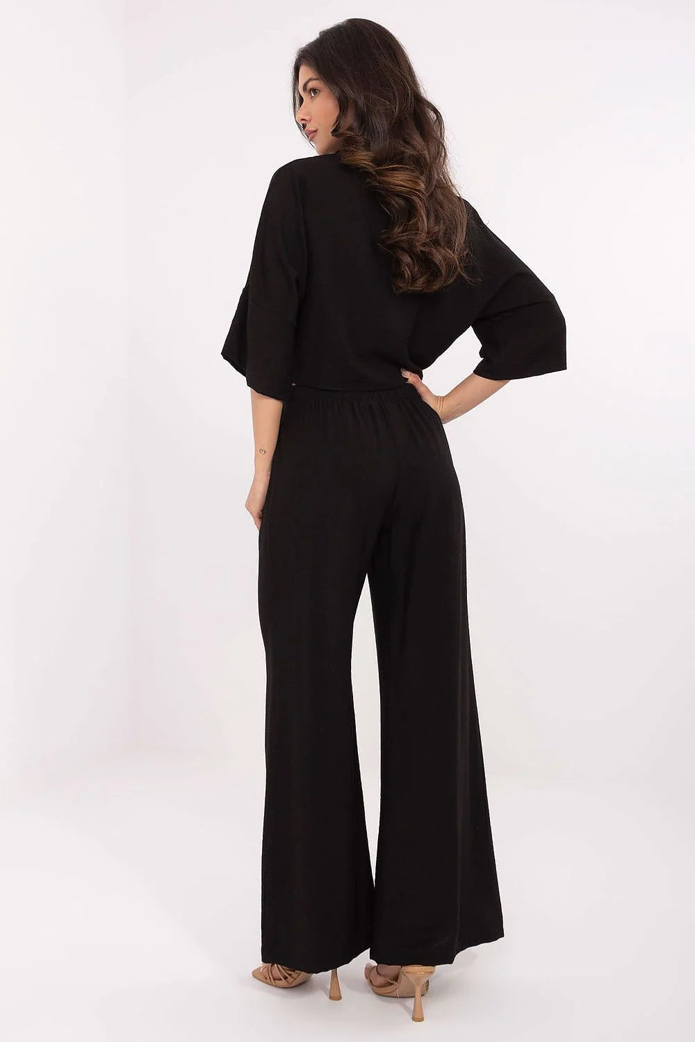 Ensemble Och Bella pour femmes chemise et pantalon noir style moderne coupe élégante tissu viscosé nylon confortable