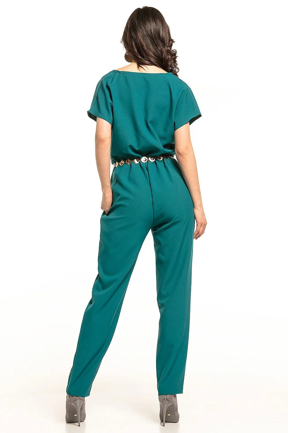 combinaison femme polyester élasthanne vert sarcelle élégante moderne encolure V croisée manches courtes ceinture médaillons dorés poches taille élastiquée droite