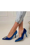 escarpins velours bleu roi bout pointu talon aiguille hauteur neuf point cinq centimètres bijou strass semelle cuir écologique
