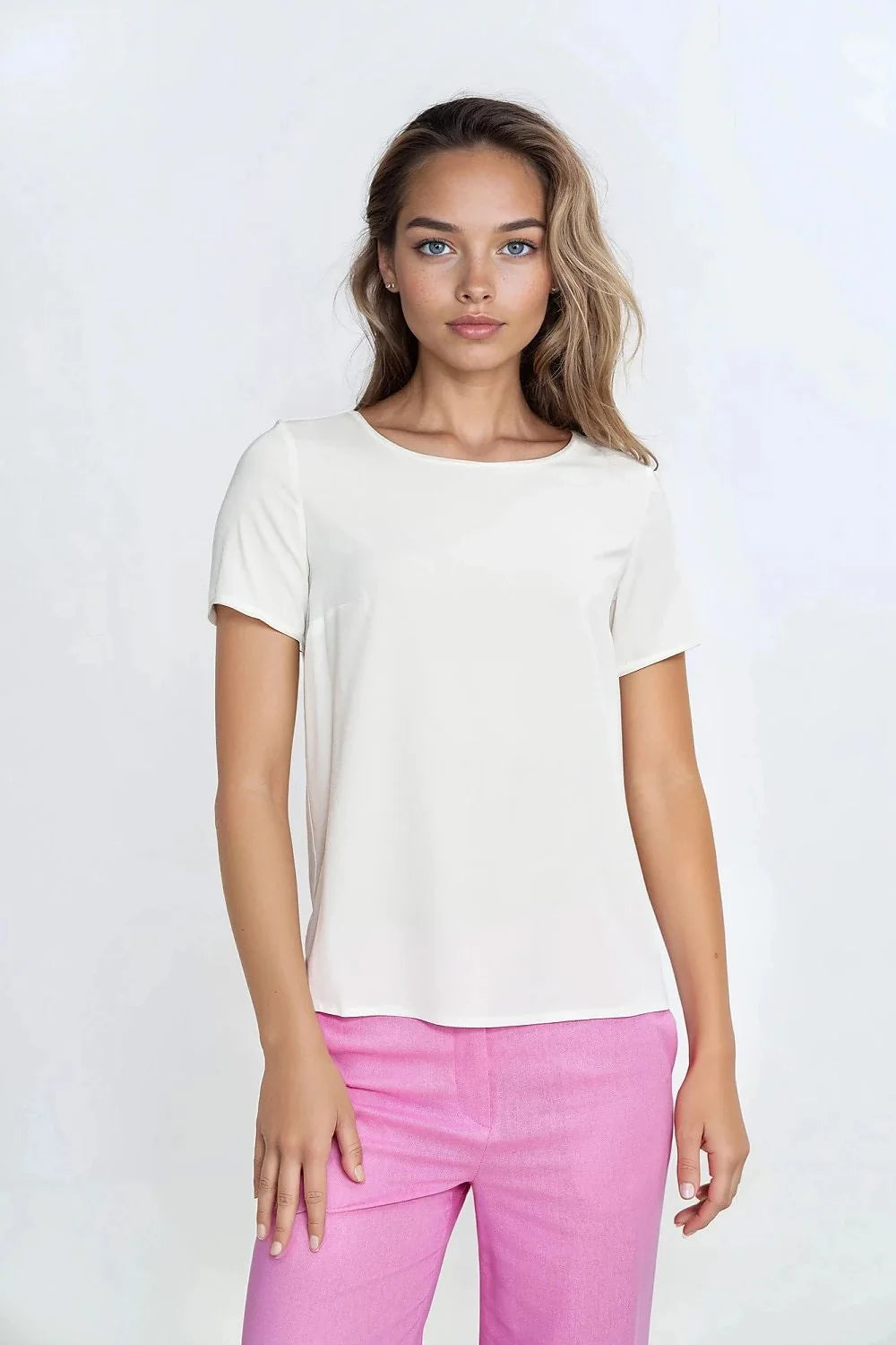 T-shirt classique col rond manches courtes blanc pur coton fluide femme, Pantalon droit moderne couleur rose vif coupe droite tissu doux femme