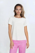 T-shirt classique col rond manches courtes blanc pur coton fluide femme, Pantalon droit moderne couleur rose vif coupe droite tissu doux femme