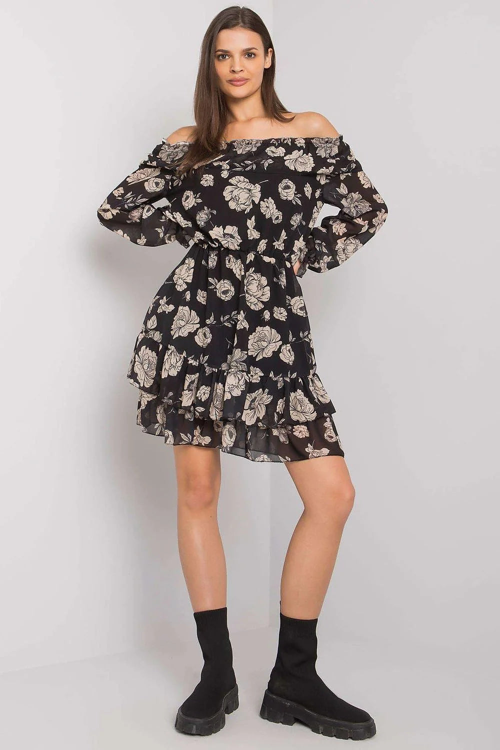 Robe de jour Italy Moda style espagnol décolleté Bardot manches longues élasthanne polyester viscose taille universelle 85 cm 92 cm