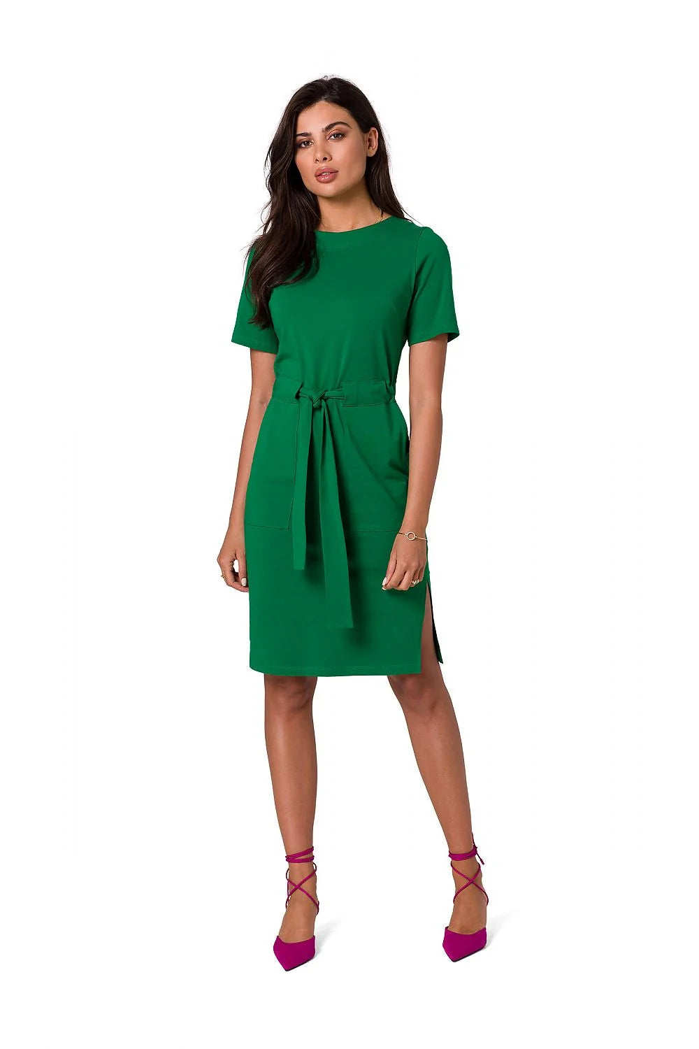 Robe de jour Be Wear verte genou taille ajustable coton elasthanne manches courtes col rond style minimaliste femme