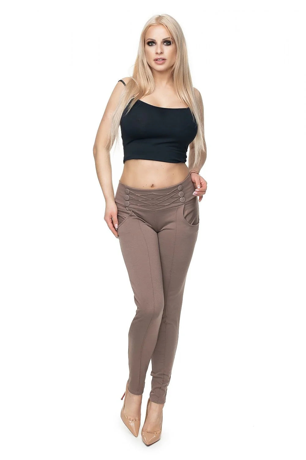 Pantalon long ajusté femme Pee Ka Boo slim fit taille basse boutons décoratifs longueur cheville visuels épurés polyester viscose