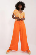 pantalon palazzo taille haute viscose fluide léger orange vif ample taille élastiquée cordon pompons bohème estival femme