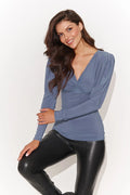 Chemisier ajusté pour femme en tissu doux manches longues col V profond style élégant couleur bleu ardoise matière confortable polyester élasthanne
