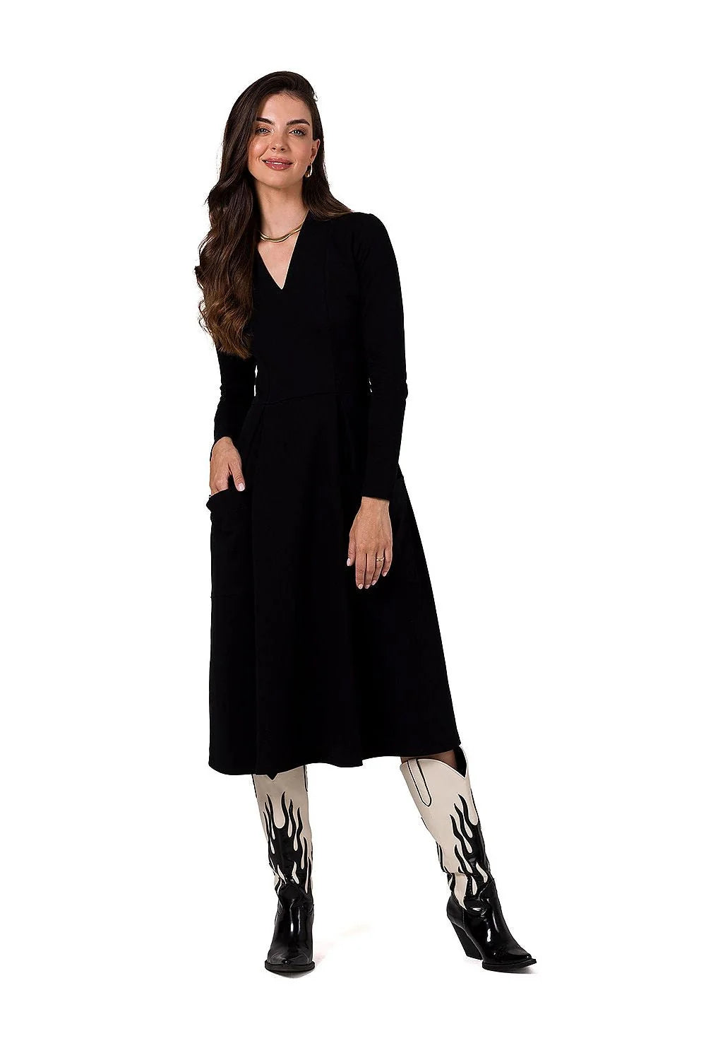 Robe de jour Be Wear élégance intemporelle tissu noir uni manches longues jupe midi taille ajustée femme