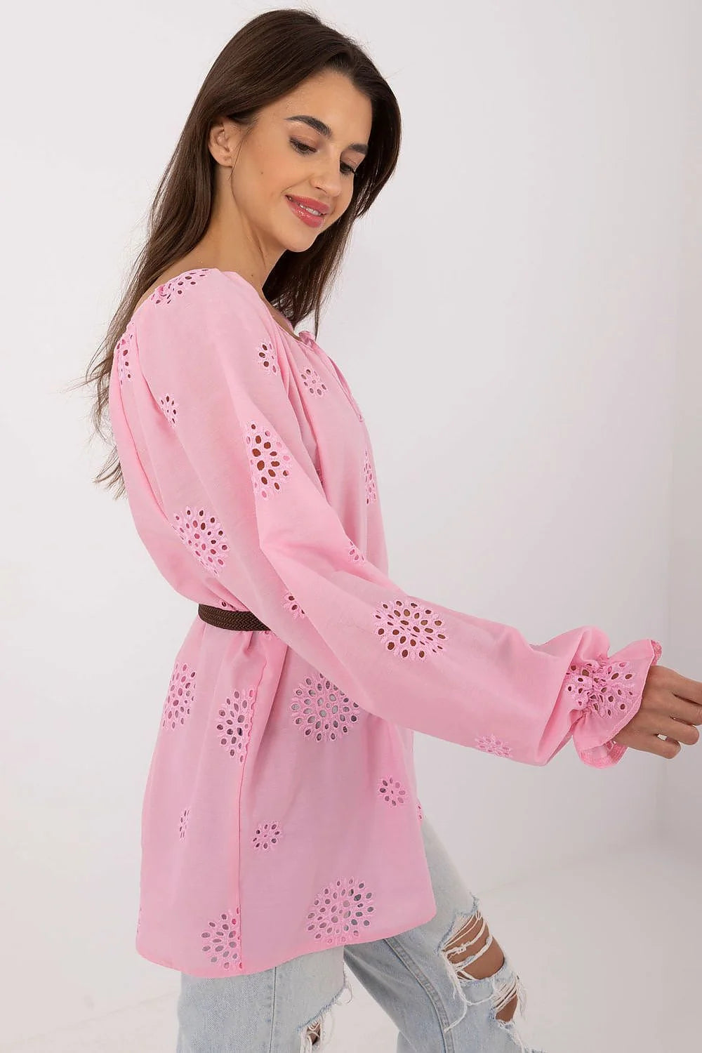 Tunique bohème rose clair pour femmes en coton dentelle motifs circulaires manches longues élastiques poignets cordon ajustement ceinture tressée été décontractée élégante