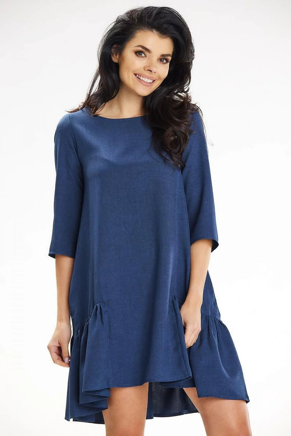 Robe de jour trapeze ample mini manches 3/4 volants ourlet asymétrique bleu profond mélange polyester femme été versatile