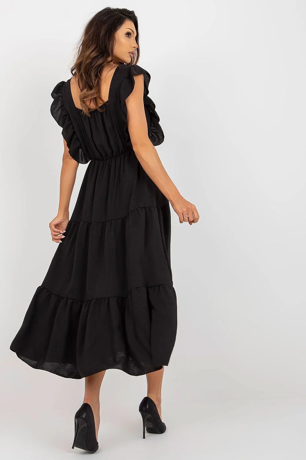 Robe de jour élégante longue sans manches encolure carrée volants modernes polyester elasthanne noire taille universelle femme