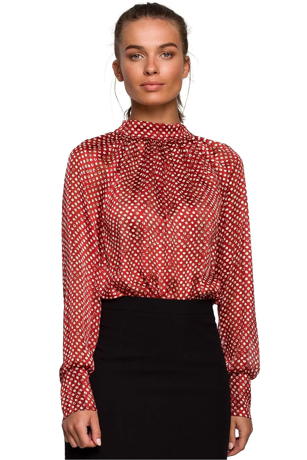 Blouse chic en mousseline de soie noire à pois dorés pour style sophistiqué féminin élégant