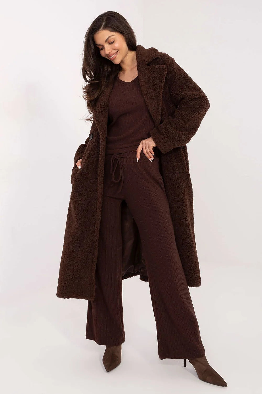 pull loungewear femme ensemble deuxpieces colV manches longues maille cotelee chocolat viscose polyester nylon extensible doux ajustement