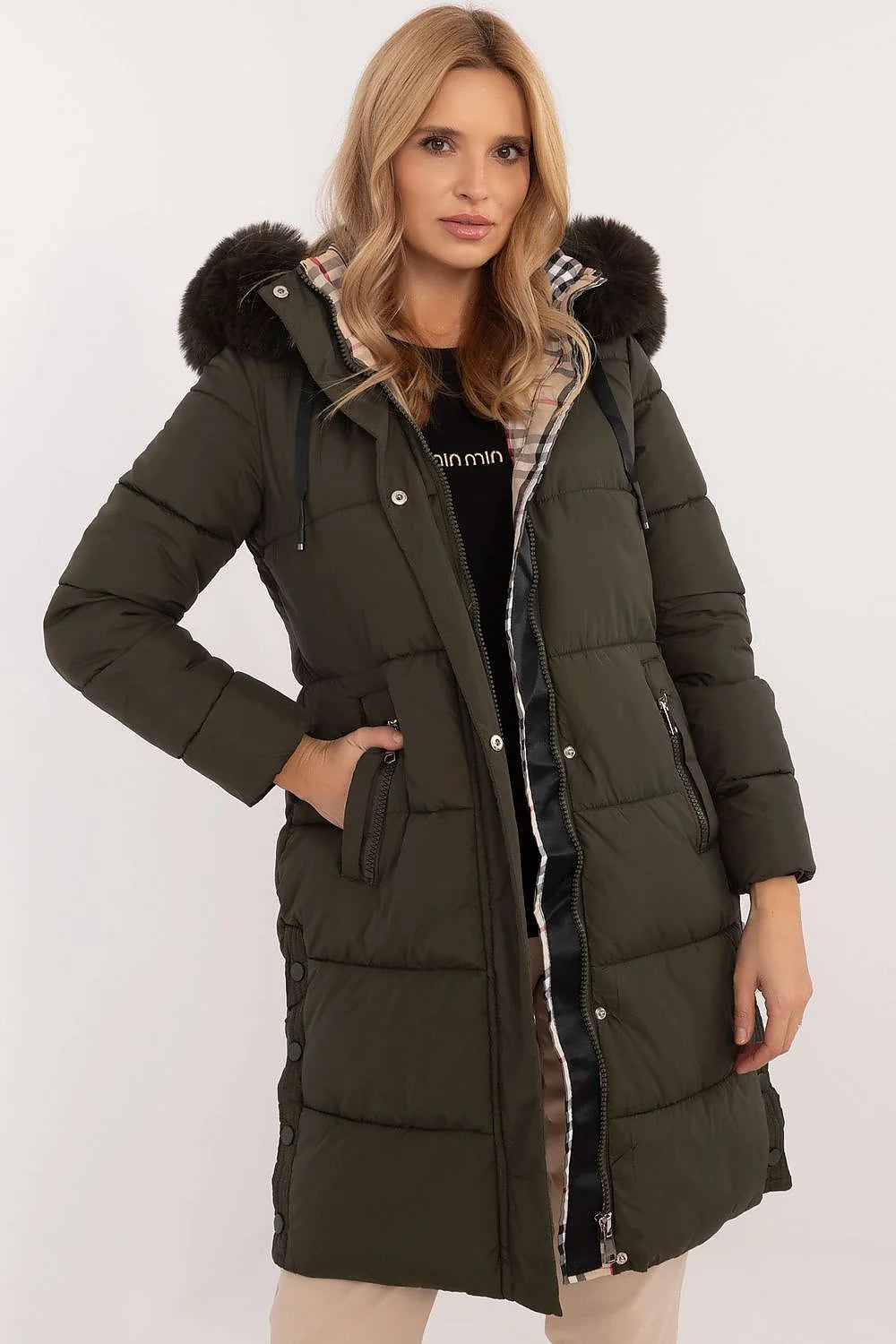 Veste d'hiver matelassée longue pour femme vert kaki, capuche amovible fourrure, doublure à carreaux, fermeture éclair métal, poches extérieures, style urbain décontracté