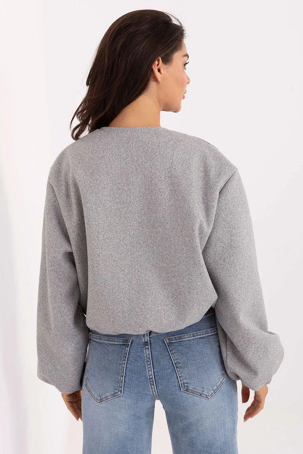 veste femme courte zippée bomber gris chiné coupe boxy oversize manches bouffantes élastiquées poches passepoilées fermeture métal doré