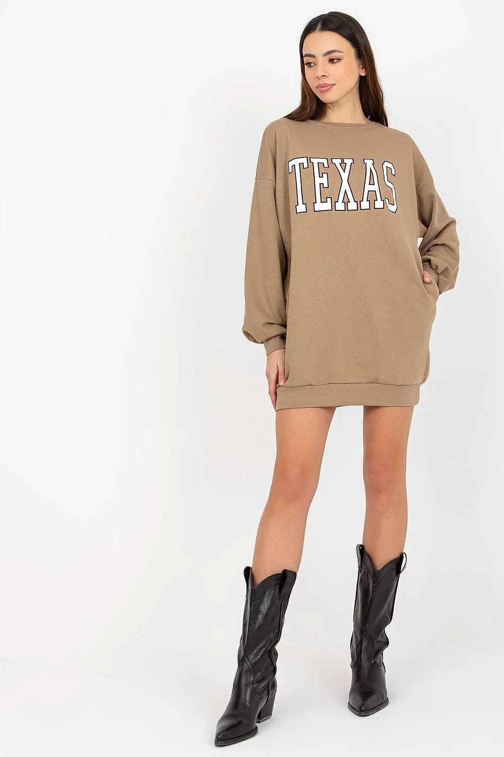 sweatshirt long femme oversize camel imprimé TEXAS varsity col rond manches longues bords côtes coupe mini décontractée poches latérales coton