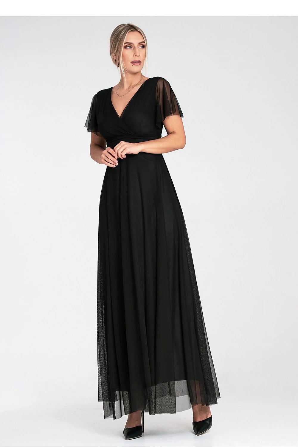Robe longue élégante pour femme en tissu et tulle noir, style formel, décolleté en V, manches courtes, taille ajustable, soirée et événements