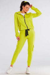 Ensemble jogging femme polyester sportif moderne jaune fluo avec fermeture éclair confortable et tendance