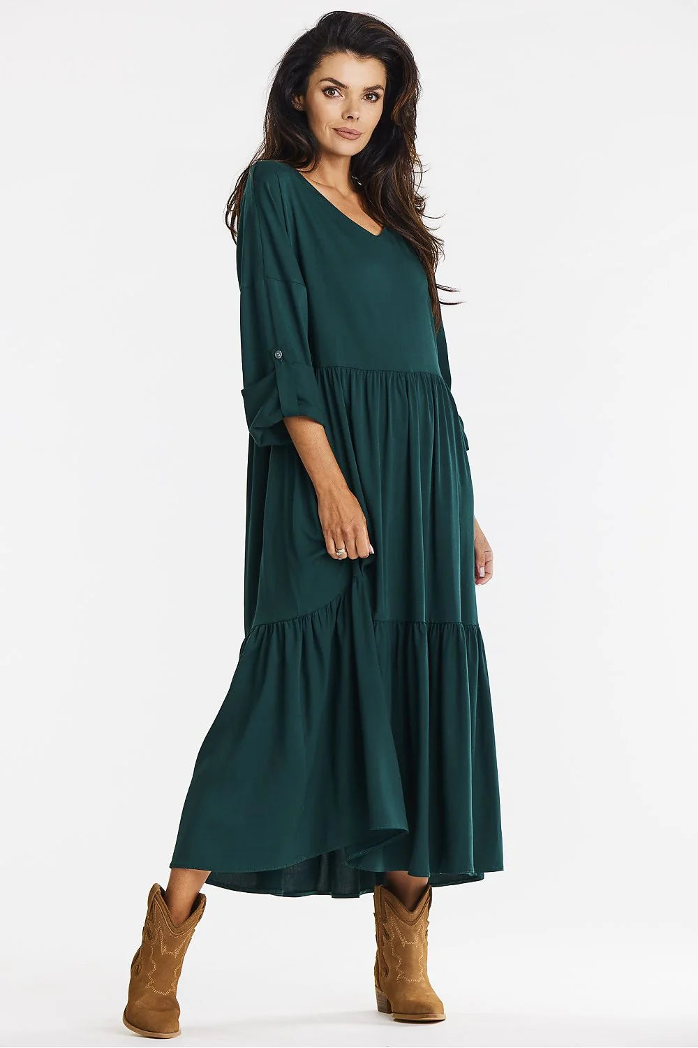 Robe longue ample style kimono vert émeraude manches longues décolleté V en viscose femme occasionnels