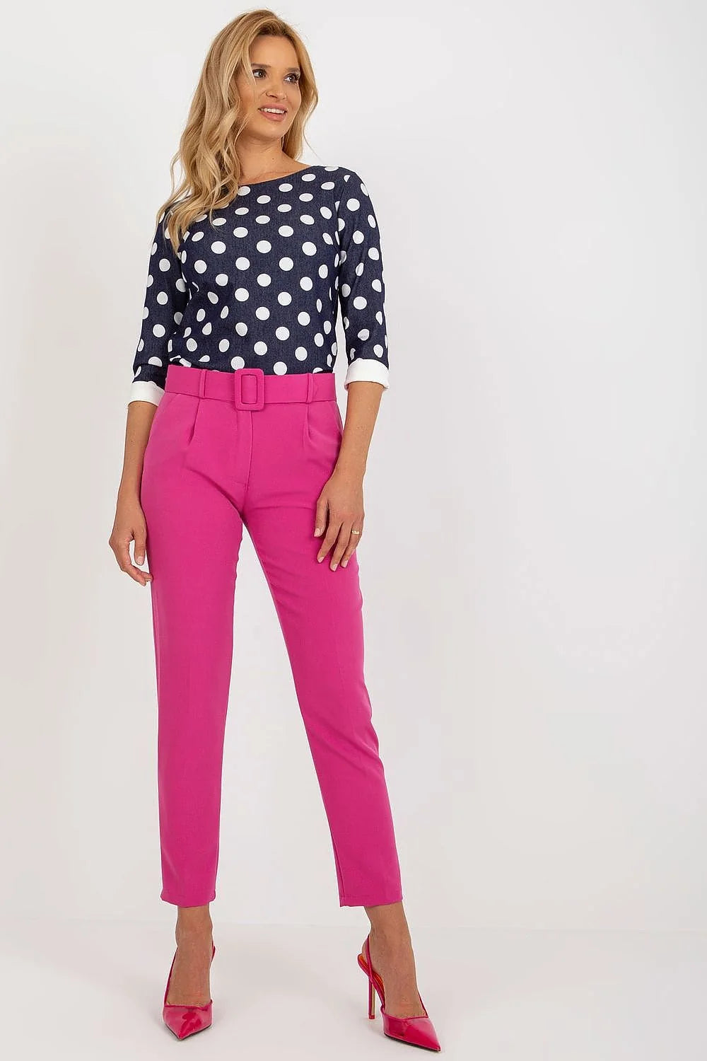 Pantalon femme Italie Moda taille haute motif pois blancs bleu marine rose fuchsia occasion formelle semi-formelle
