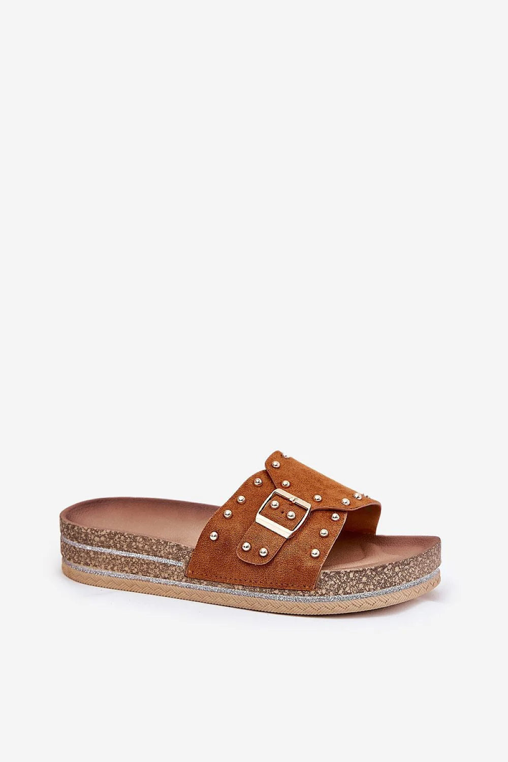 Sandales pour femmes style mule suédine écologique camel boucle dorée plateforme 3.5 cm confort été