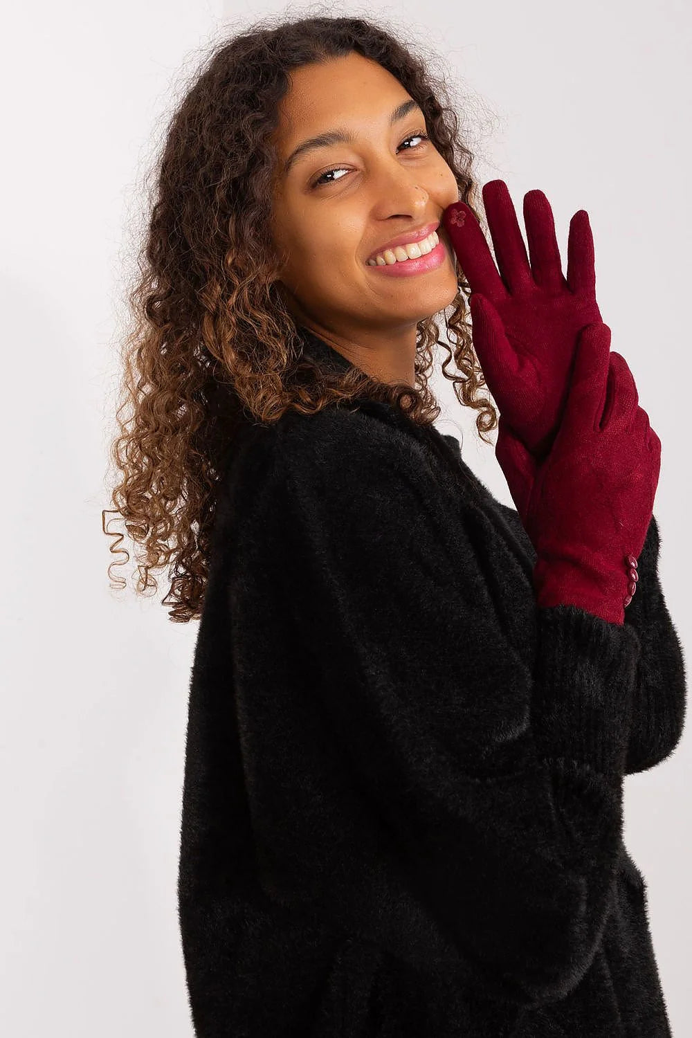 Gants élégants pour femme en suédine motif losange rouge bordeaux manches longues boutons décoratifs coton élasthanne polyester mode hiver