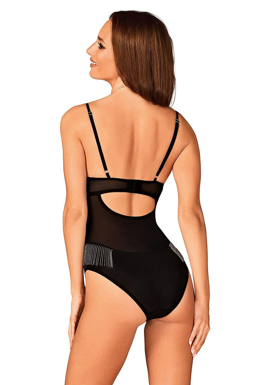 body féminin sculptant noir microfibre tulle transparent bonnets moulés armatures maintien galbe franges strass argentés bretelles fines réglables