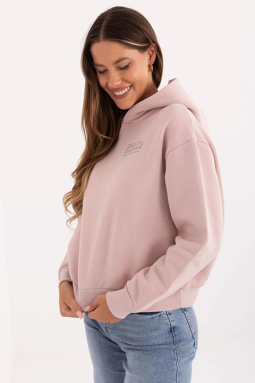 sweat capuche femme rose poudré court décontracté molleton doux doublé manches longues bordcotes imprimé coeur minimaliste confortable chaud casual streetwear
