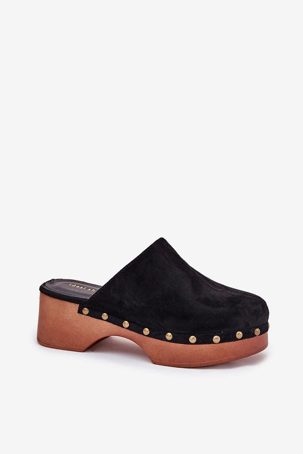 Clacquettes en cuir suédé pour femme, design rétro années 70, semelle en bois, clous dorés, confort toute la journée, idéales pour les robes d'été et les tenues casual, talon compensé, style sophistiqué et unique