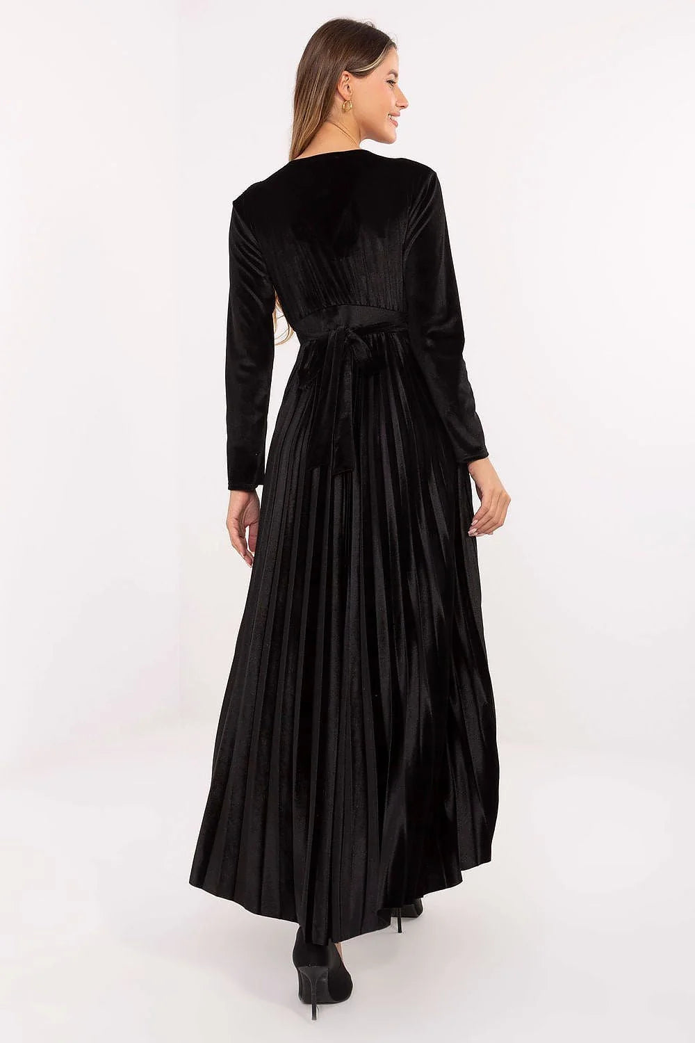 robe longue maxi velours noir paillettes cachecoeur manches longues taille empire jupe plissée fluide bonnets rembourrés soutien ajustable dos lacé