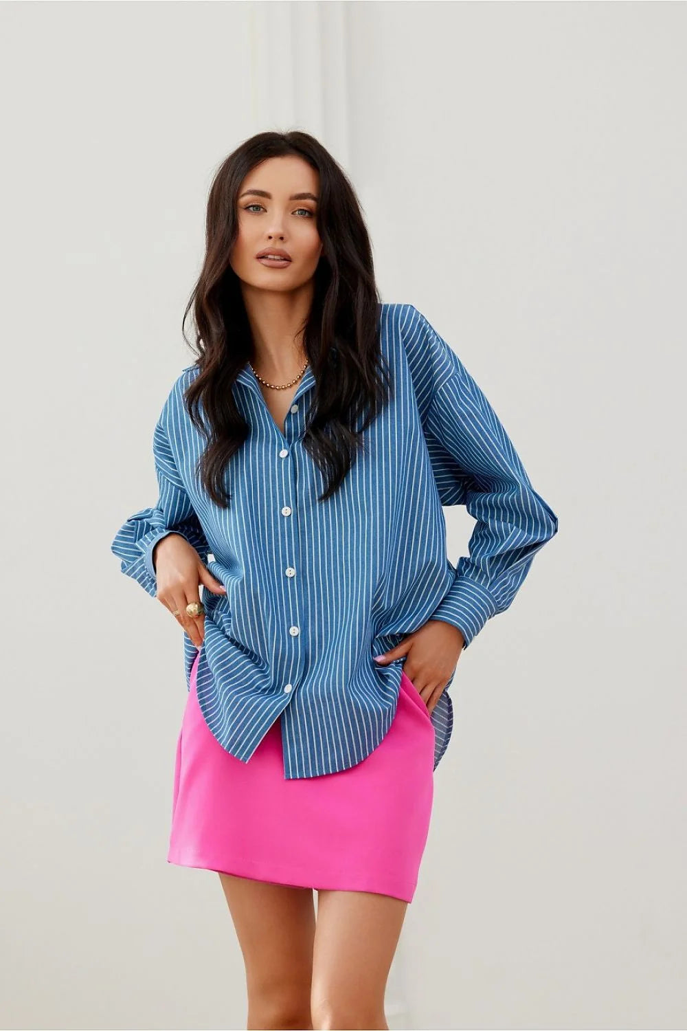 Chemise manche longue Roco Fashion oversize rayures bleu-blanc jupe rose vif mini femme Casual-Chic