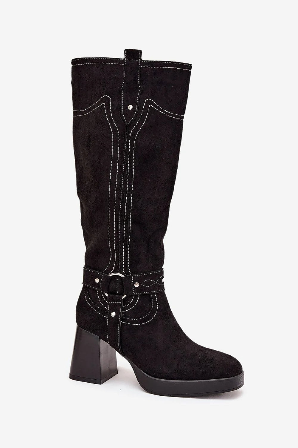 bottes femme simili daim noires mi mollet tige surpiqûres blanches bride cloutée talon bloc plateforme semelle zippée doublure fourrure confortable