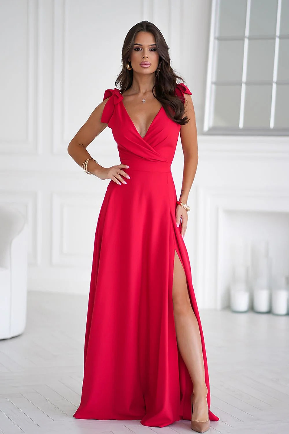 Robe longue élégante rouge en V dos nu épaules ajustables fente polyester soirée gala mariage femme