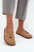 mocassins femme pieds nus suède camel pompons pampilles bout arrondi épurée surpiquées semelle caoutchouc marron confortable léger