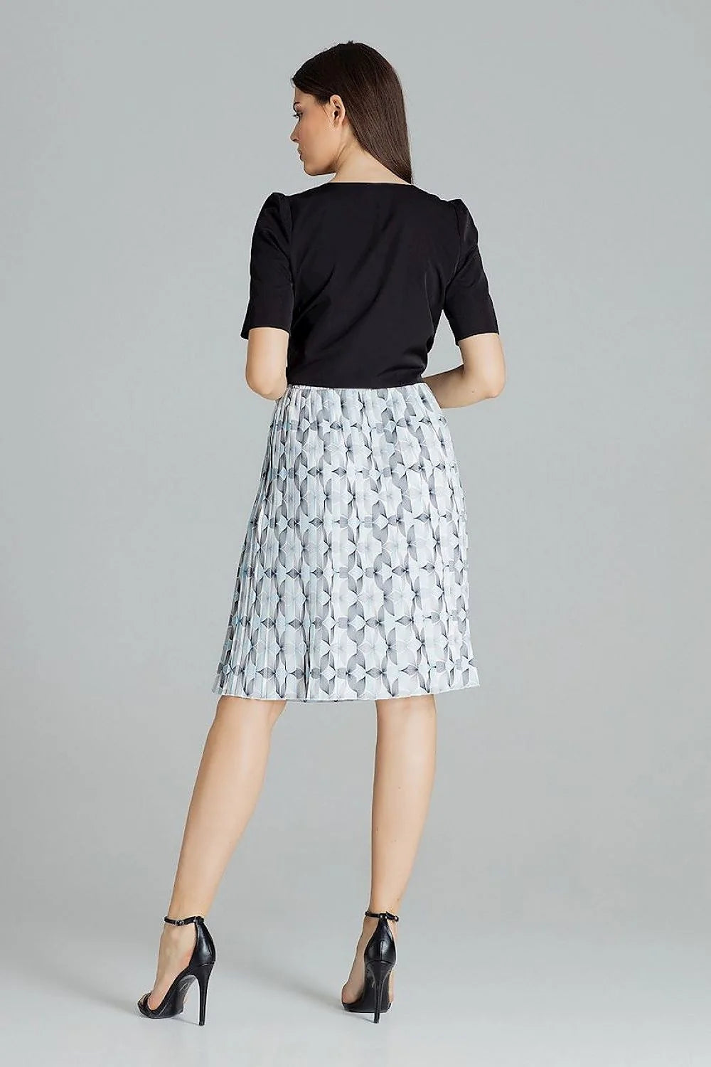 robe femme coton élégante motifs géométriques bleu pastel manches bouffantes décolleté noeud taille jupe plissée midi fluide soyeuse