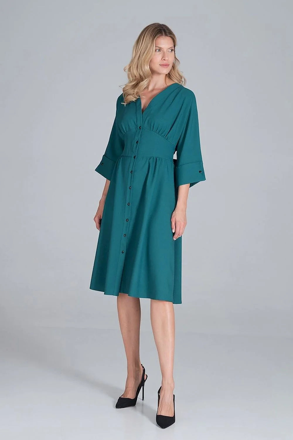 Robe midi polyester élégante rose vive manches trois-quarts boutons col V femme mode chic